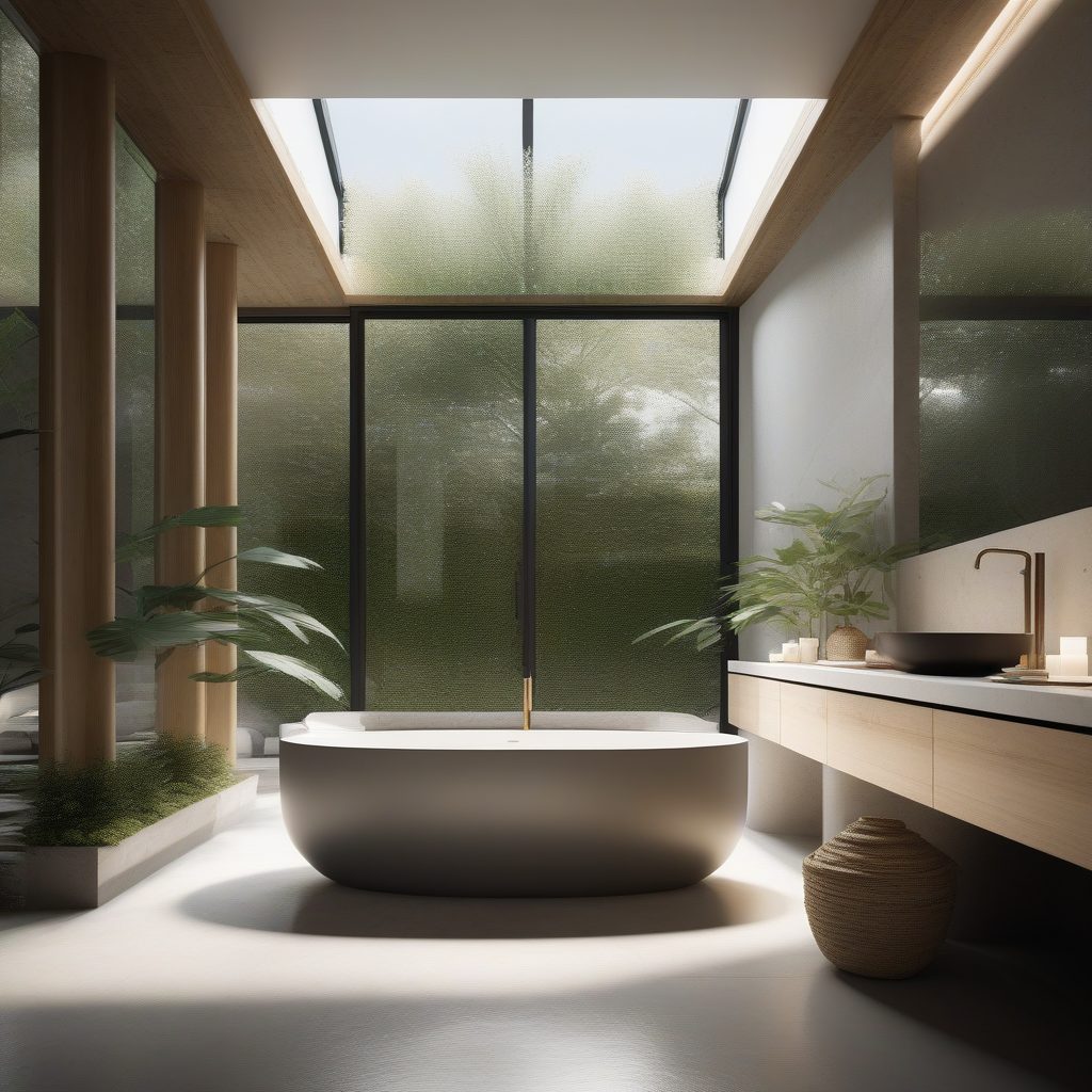 极简奢华：8K Spa级浴室，抛光混凝土与温馨光影的视觉冲击