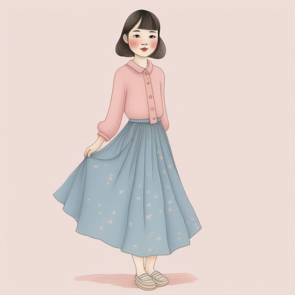 极简时尚:AI生成穿着高腰A字裙的粉蓝系日系女孩插画