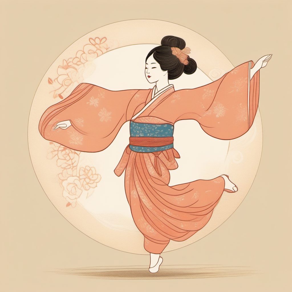 极简舞蹈美学：AI生成轻盈舞动姿势的粉蓝系日系女孩插画