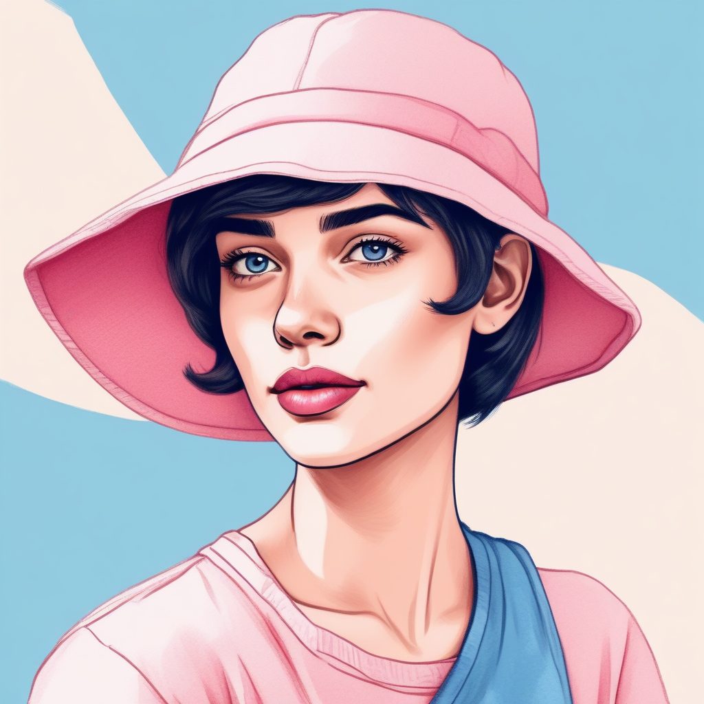 极简线稿插画：粉蓝短发女孩，彩色铅笔勾勒的夏日氛围感