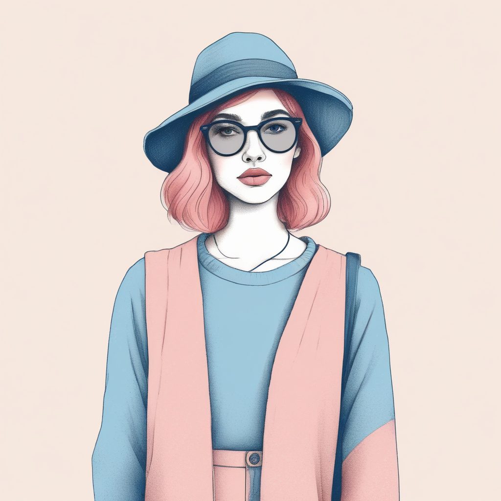 💖极简线稿手绘插画：粉蓝时尚女孩，纯色背景✨