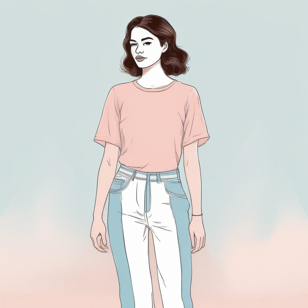 🎨 极简线稿手绘插画：粉蓝系时尚女孩，纯色背景✨