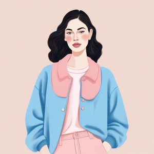 🔥极简线稿手绘插画：粉蓝系时尚女孩，纯色背景太适合做壁纸啦！🎨