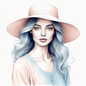 💖极简线稿手绘插画：粉蓝系时尚女孩装扮✨纯色背景手绘风提示词分享