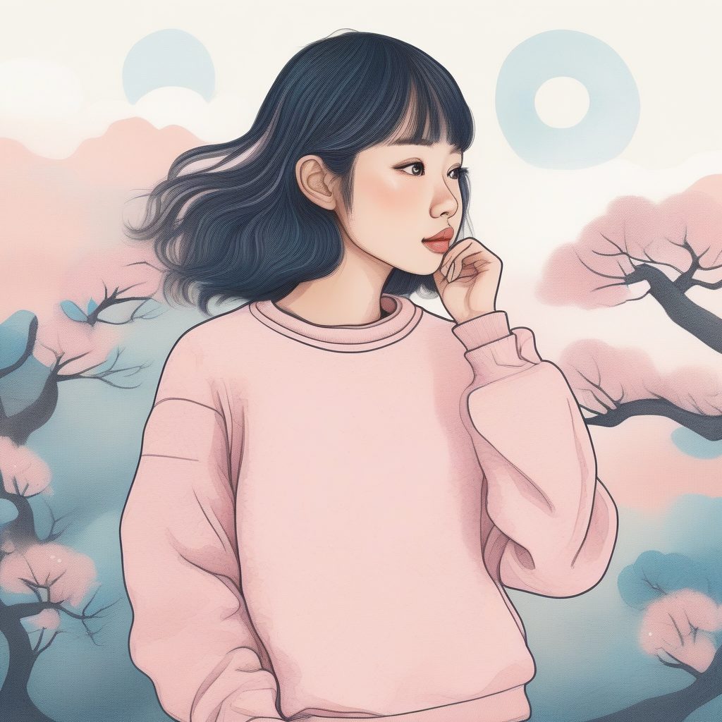 极简线条美学:AI生成日系女孩与圆领卫衣的慵懒造型