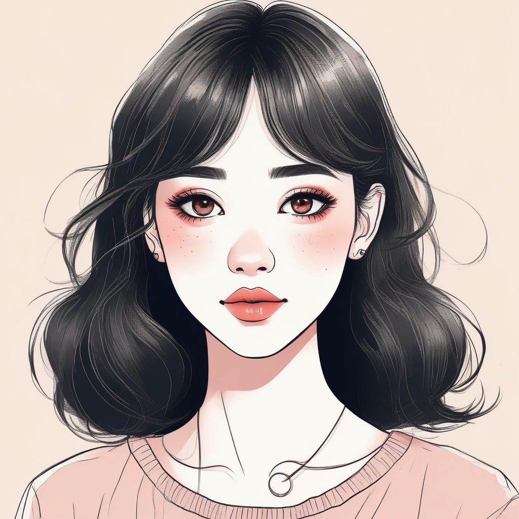 极简线条美学：日系清冷感少女肖像线稿插画，纯色背景出片教程