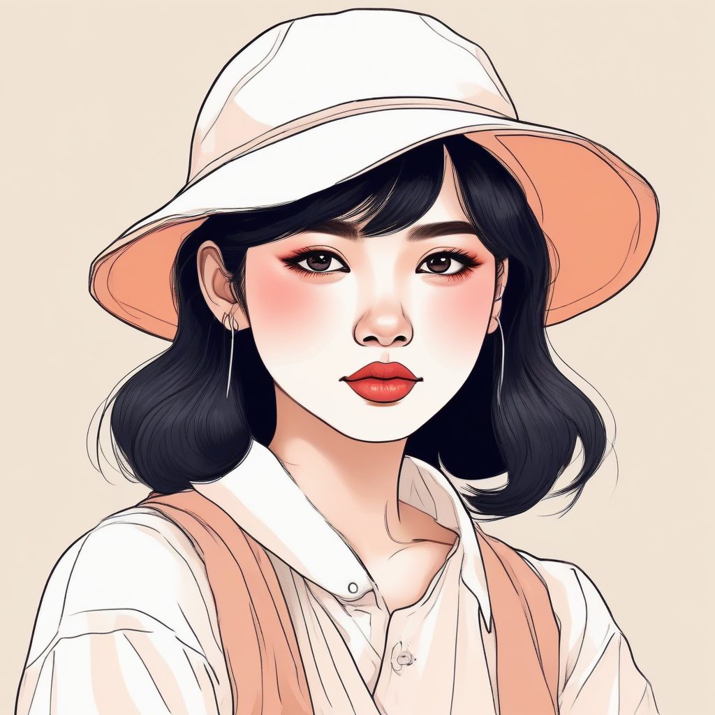 极简线条美学：日系少女柔和线条插画，水光唇彩，氛围感拉满