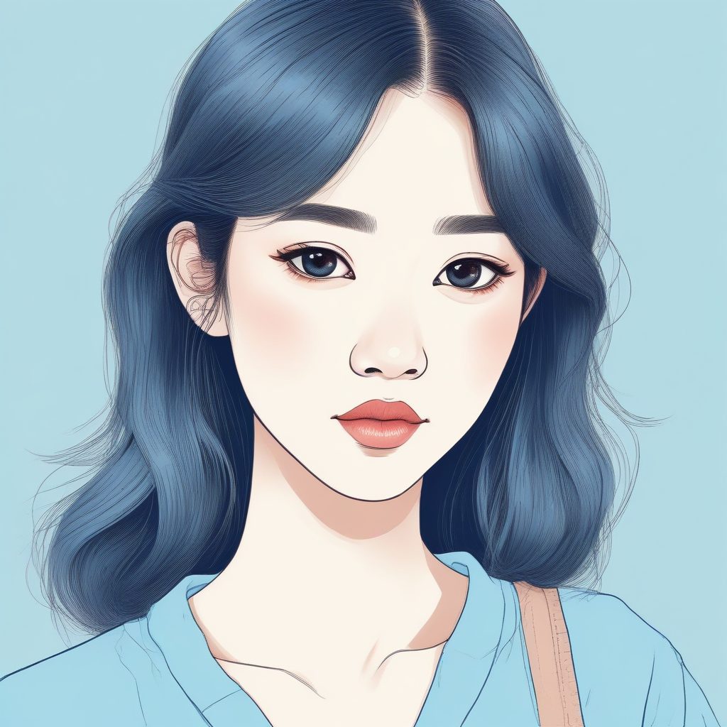 极简线条美学！日系少女手绘头像，纯蓝背景，聚焦五官特写