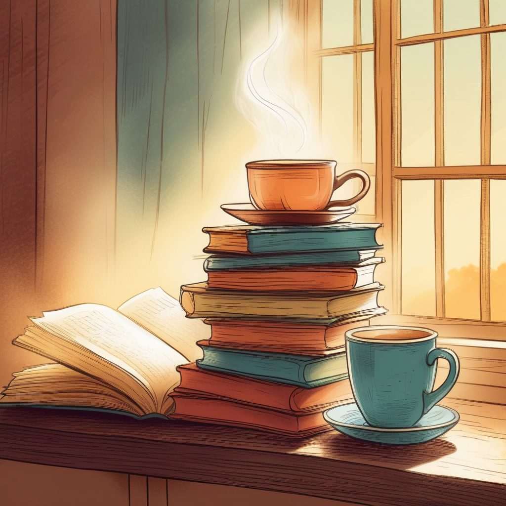 极简治愈系：扁平手绘风格书本与咖啡插画（温馨配色）