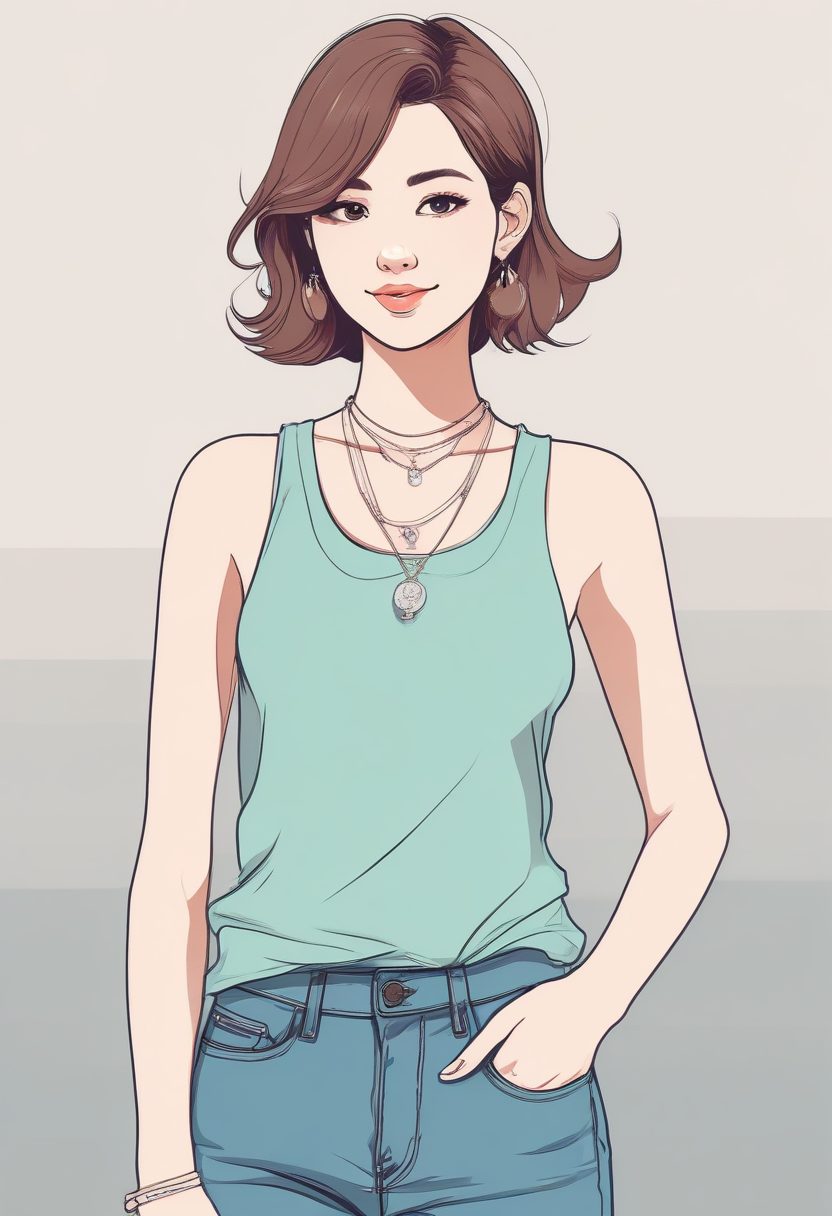 极简主义精髓！极简线稿插画：基础背心+简约配饰女孩全身像，做头像绝了！