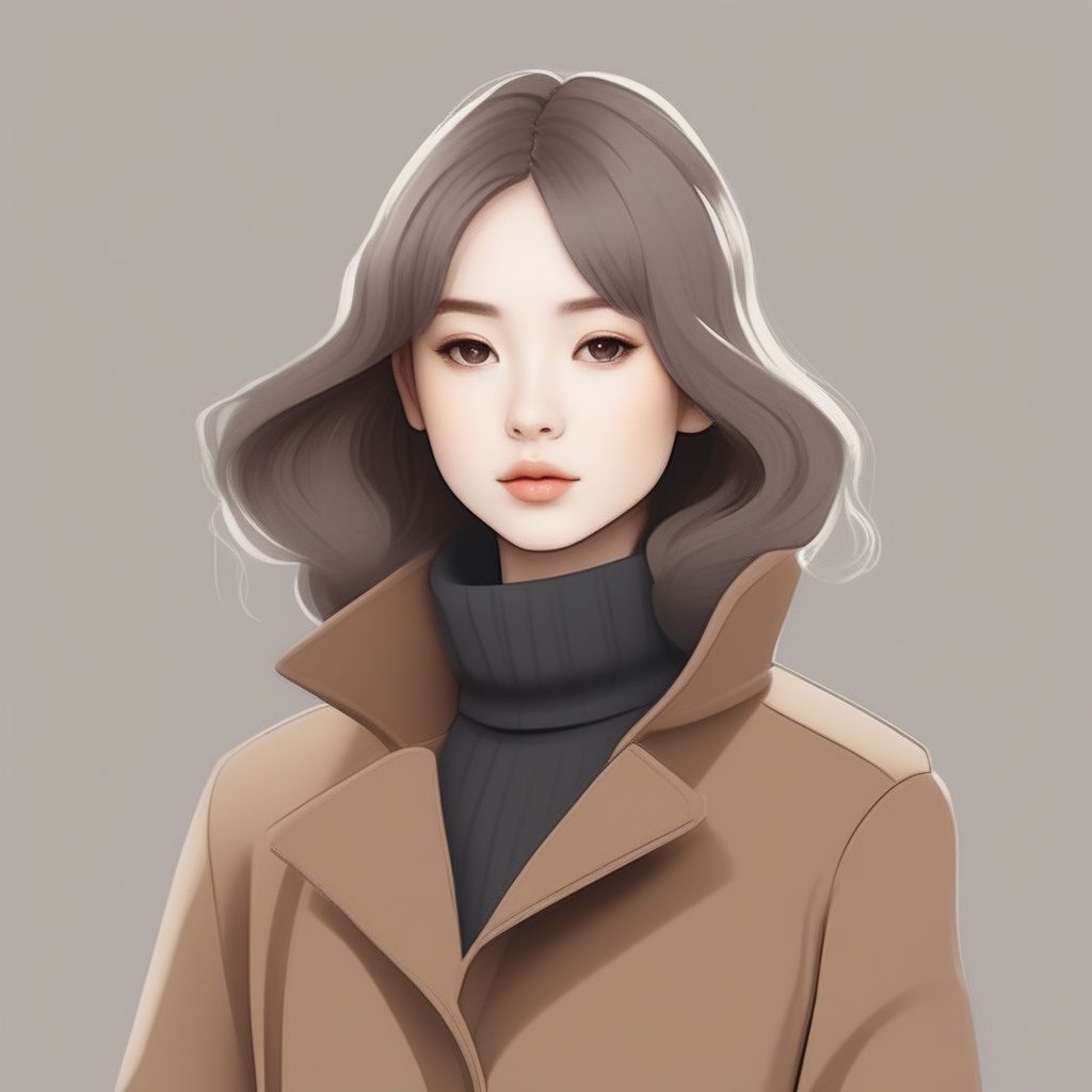 极简主义Q版大衣穿搭:冬日时尚全身像,纯色背景赛璐珞画风提示词