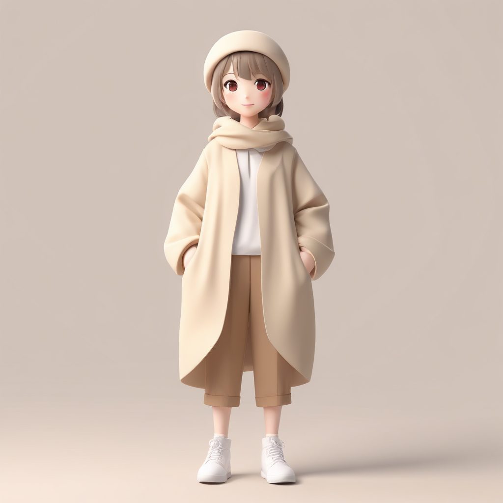极简主义Q版模特:米色系穿搭全身站立照,干净背景提示词