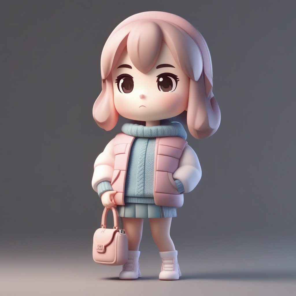 极简主义Q版女孩:冬季叠穿高领毛衣,委屈表情全身站立图