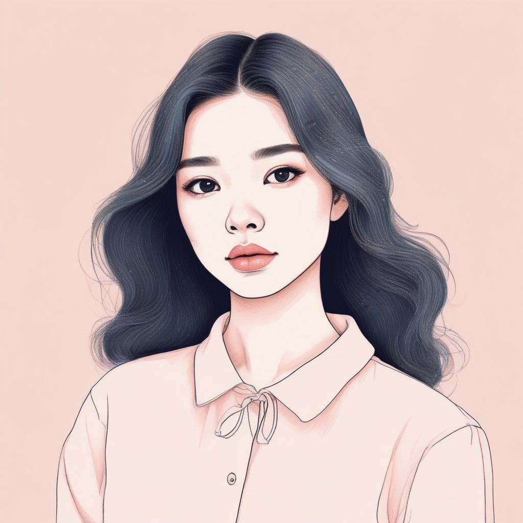 极简主义神图！软萌风线稿女孩，温暖色调粉蓝色，高细节手绘插画。