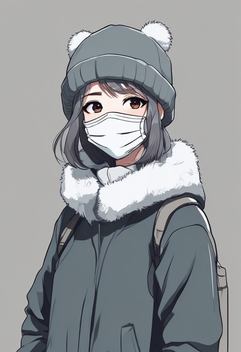 🖤 极致黑白灰：极简线稿插画，帽子与口罩，冬日全身照，纯色背景壁纸。