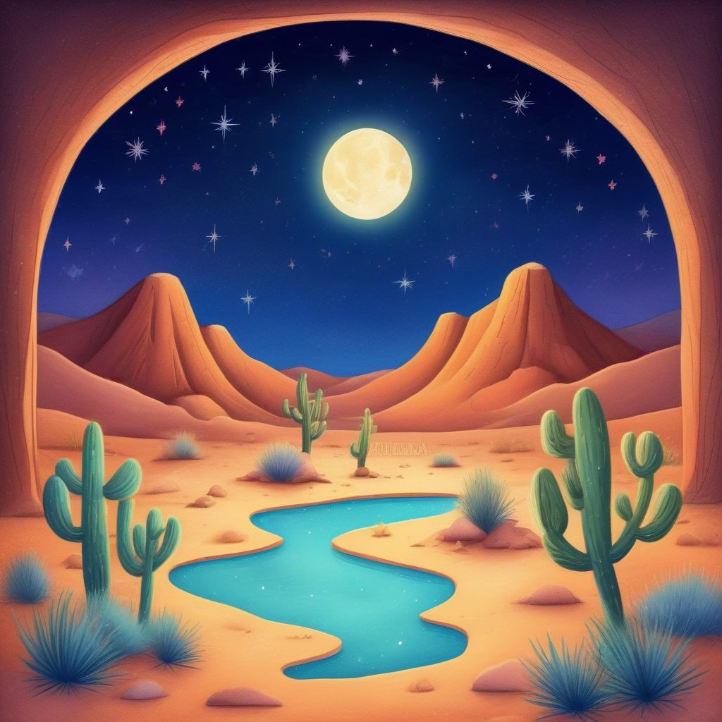 极致梦幻！AI如何生成星空下的沙漠绿洲手绘插画（蜡笔笔触篇）