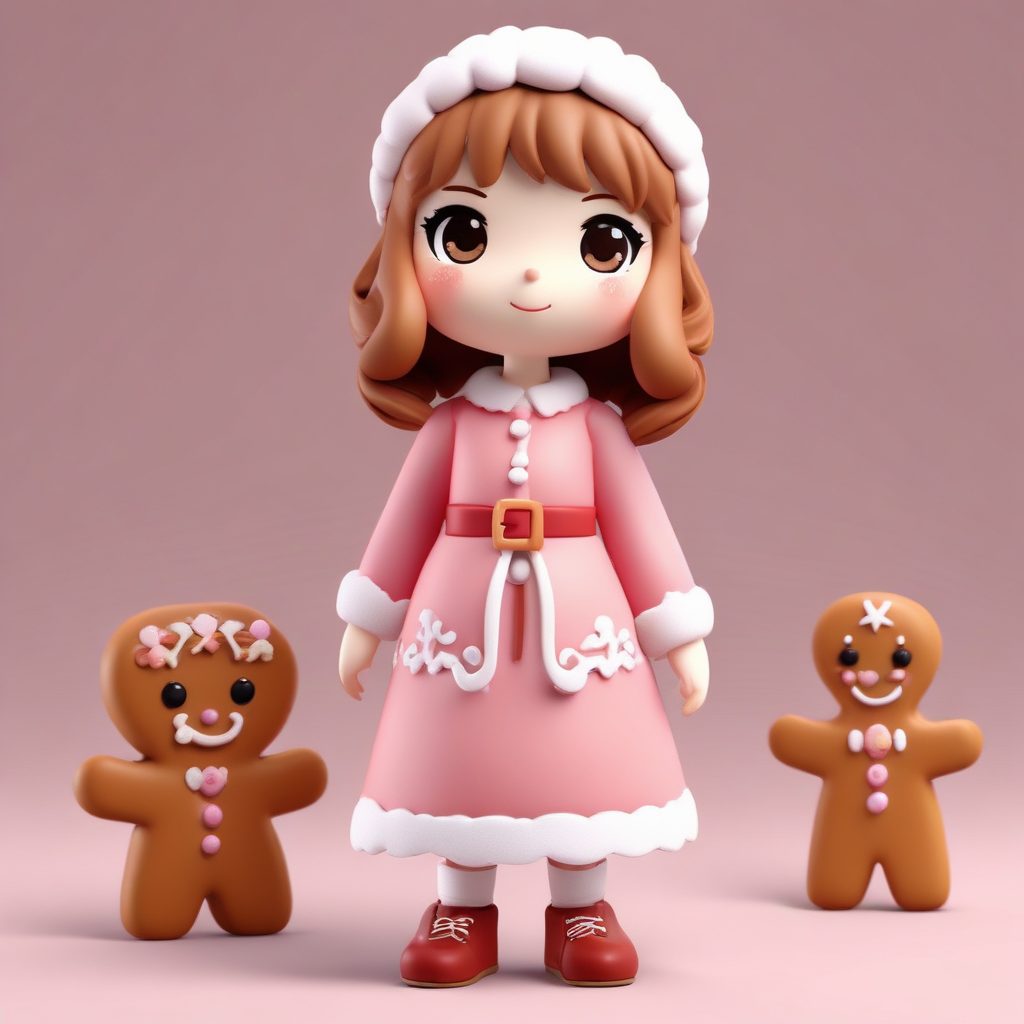 姜饼女孩3D盲盒手办风：粘土材质Q版角色全身站立照AI提示词