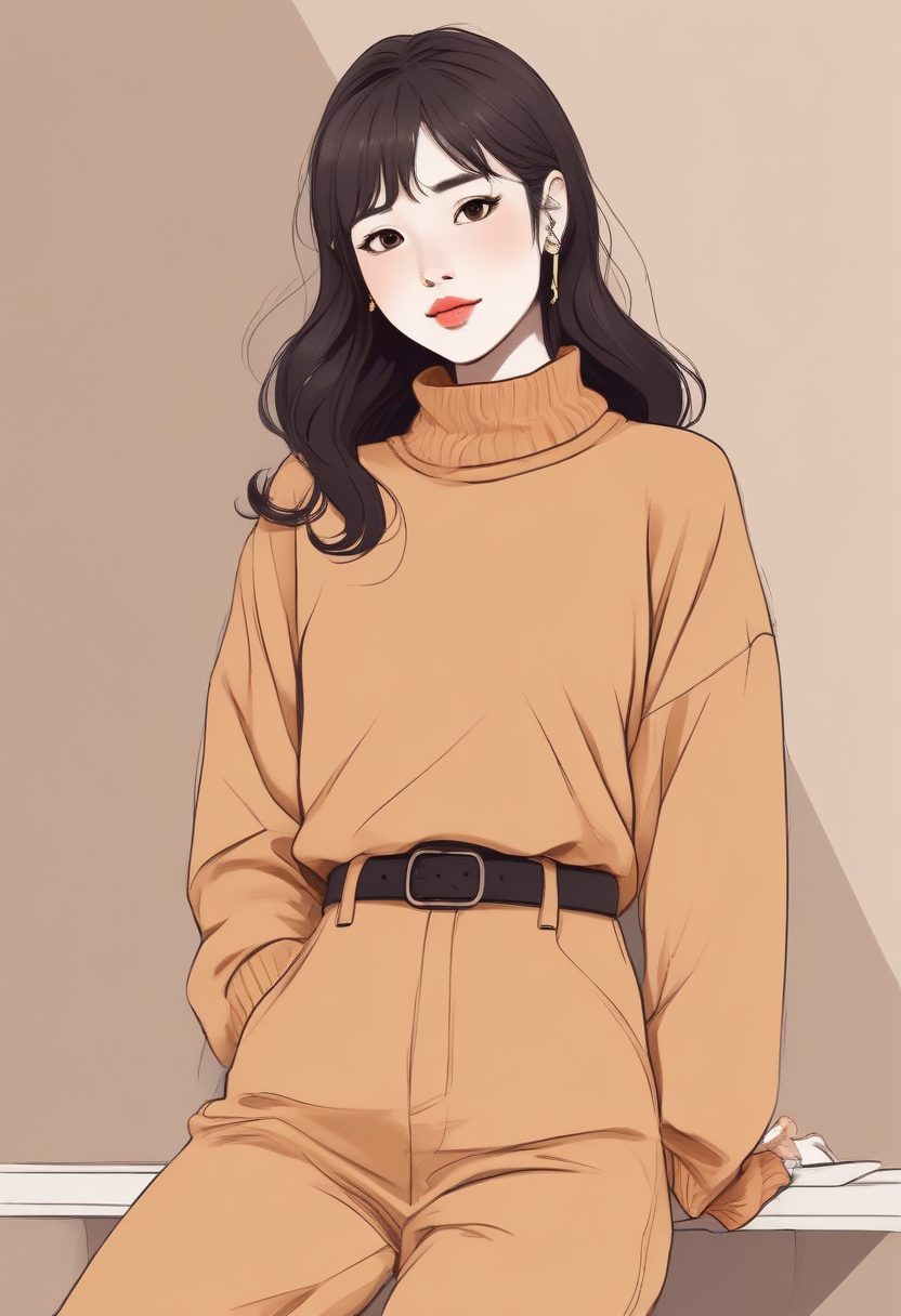 🍪焦糖饼干色！治愈系韩系少女冬日穿搭极简插画，全身照背景图