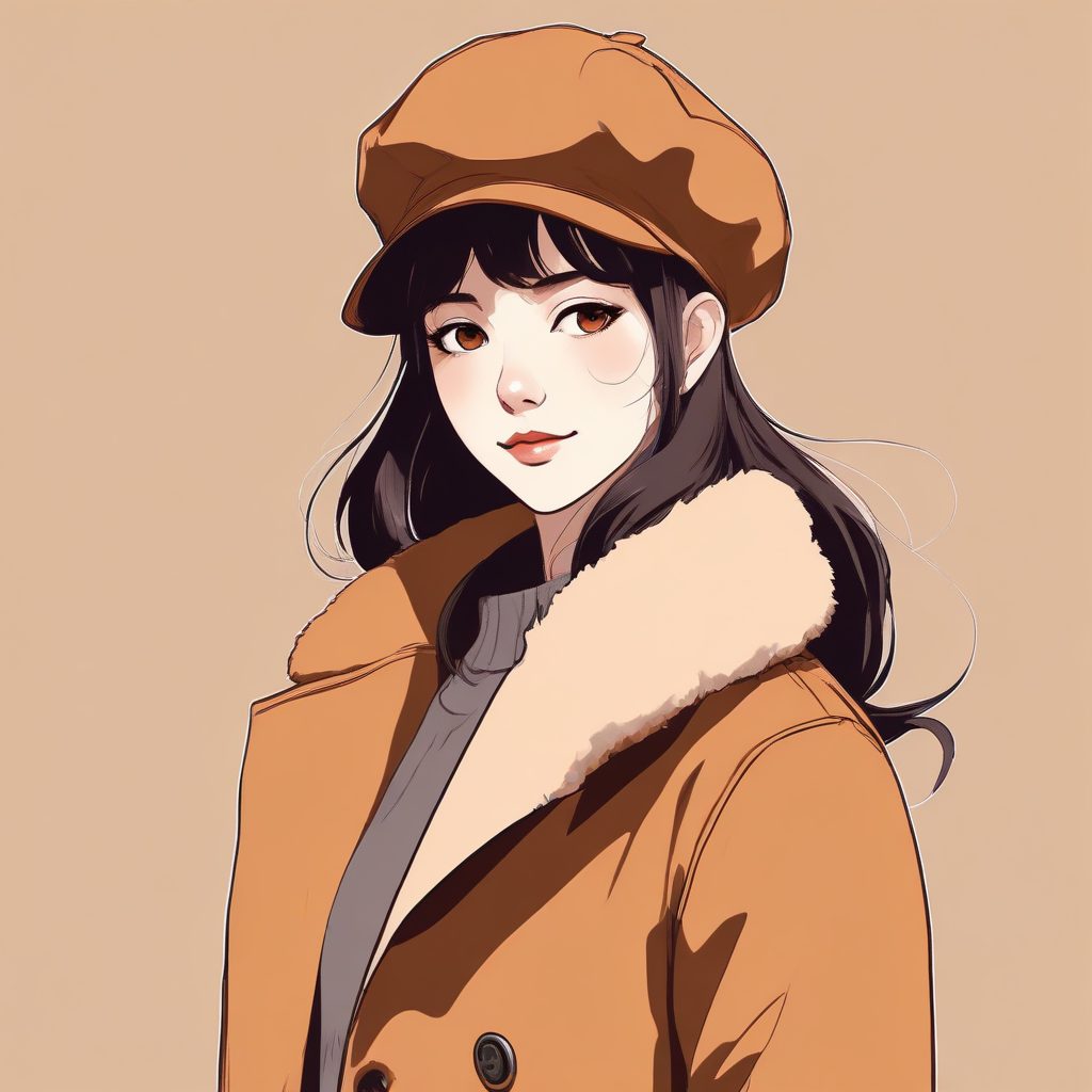 🍂焦糖奶茶色系 | 贝雷帽少女全身线稿图,温暖治愈系壁纸