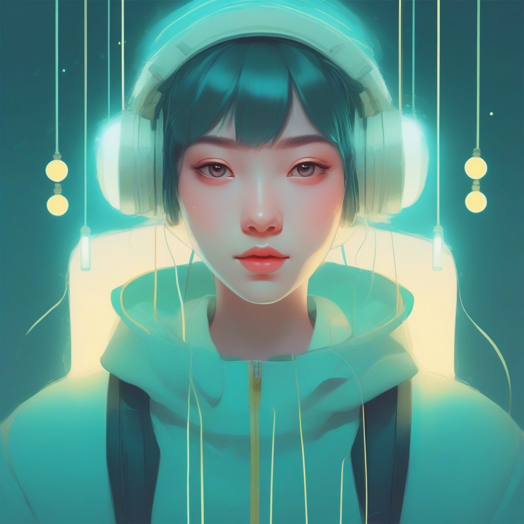 节庆氛围感：极简风动漫女孩肖像，低饱和光影AI提示词