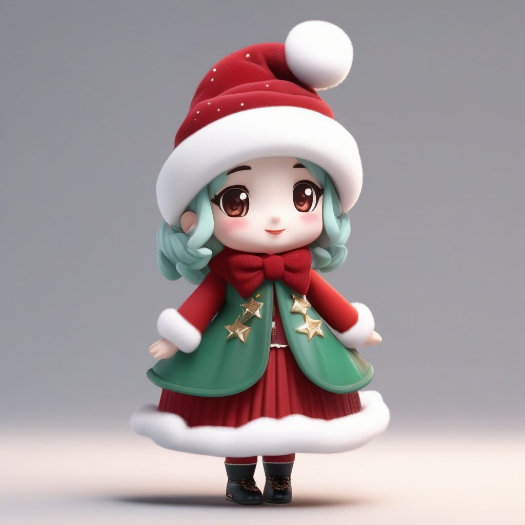 节日红丝绒:Q版圣诞主题冬季穿搭,3D粘土全身像AI提示词(柔光布景)