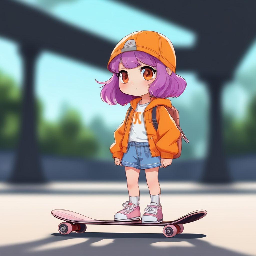 🛹街头潮酷Q版！滑板少女一个可爱时尚Q版动漫人物，表情动作丰富，纯色背景无水印素材一键生成