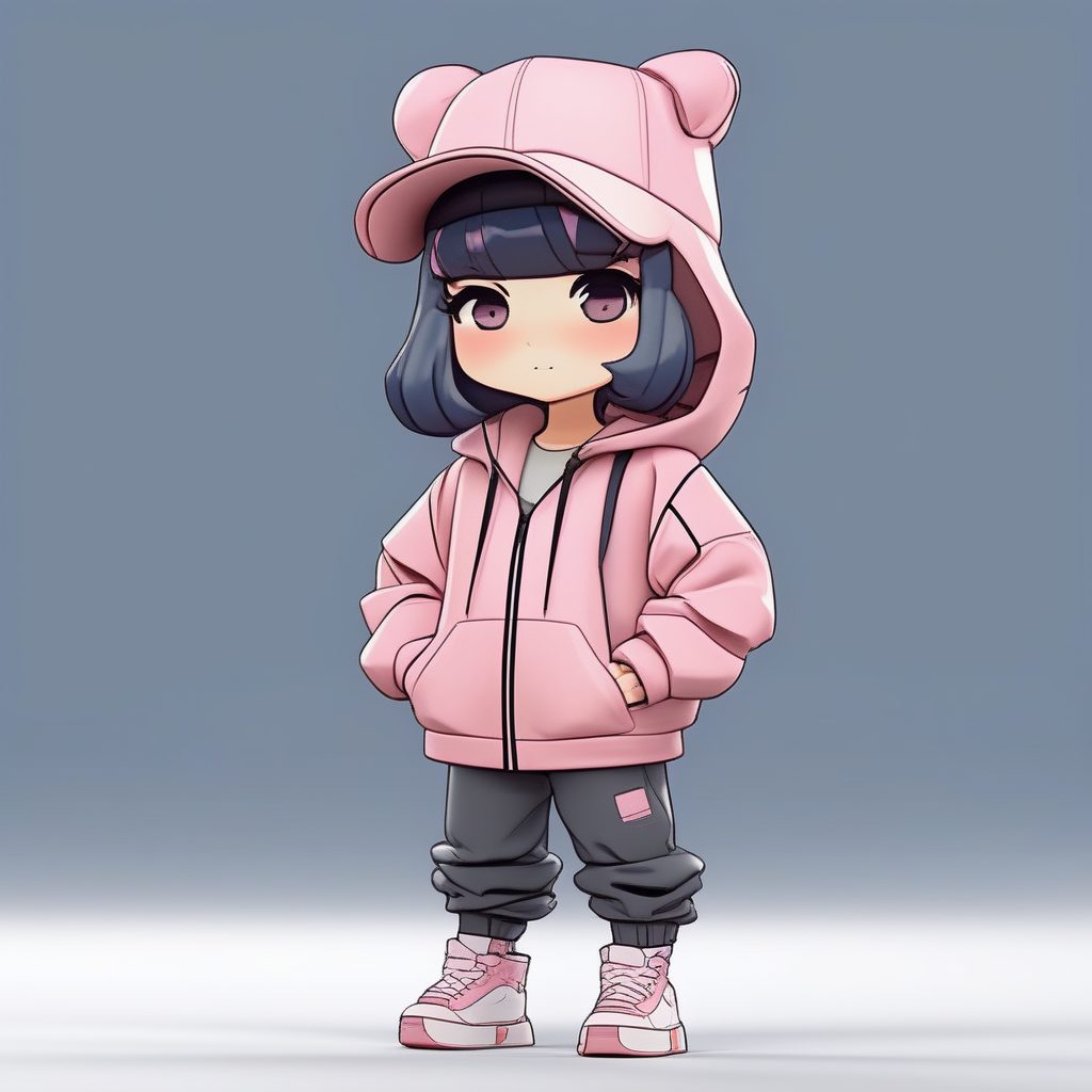 街头潮流Q版嘻哈女孩：纯色背景高分辨率全身像AI提示词分享