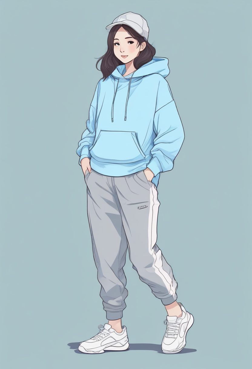 🛹街头甜酷风!韩系少女卫衣+束脚裤极简插画,全身照纯色背景图