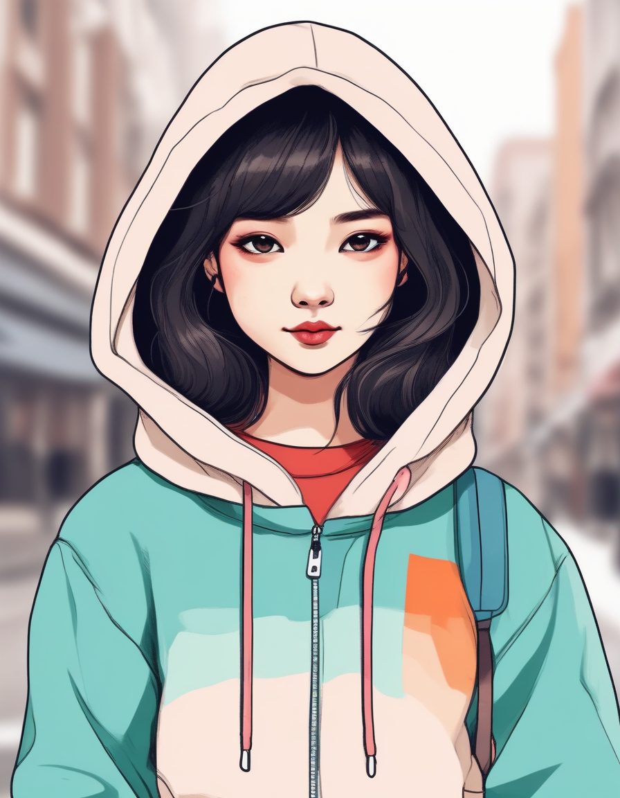 街头运动风AI线稿:卫衣少女的时尚日系肖像与纯色背景