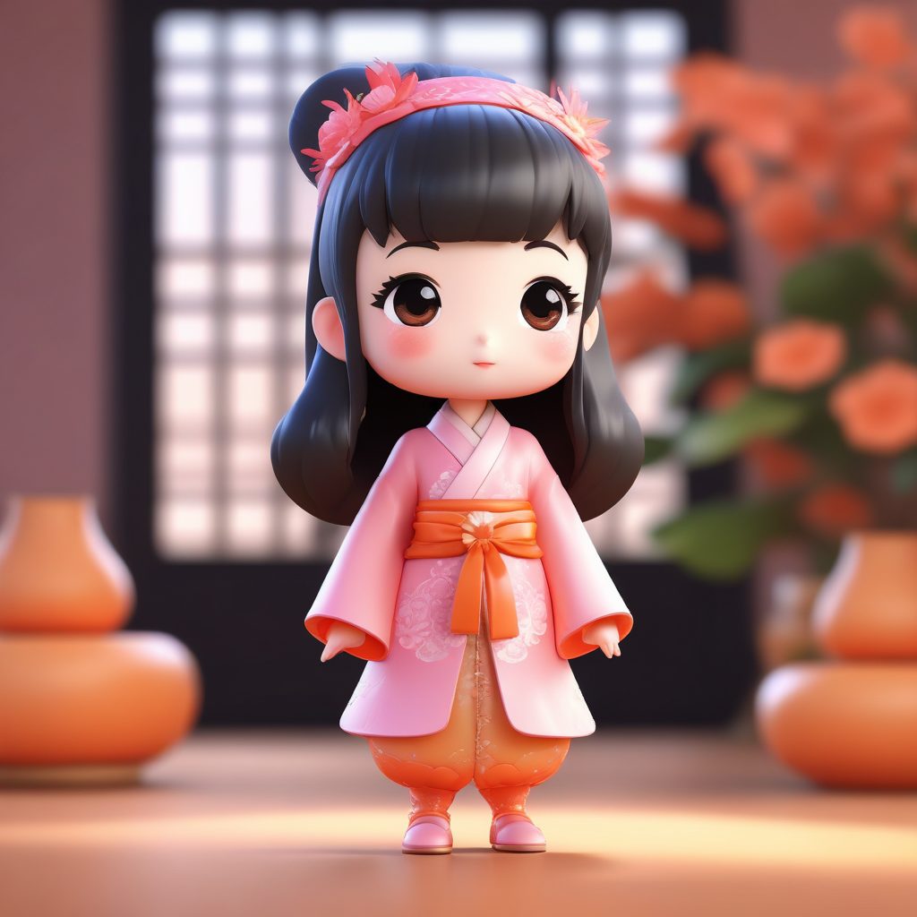 🌸锦鲤好运！粉橘配色国风Q版女孩，C4D手办级全身图生成