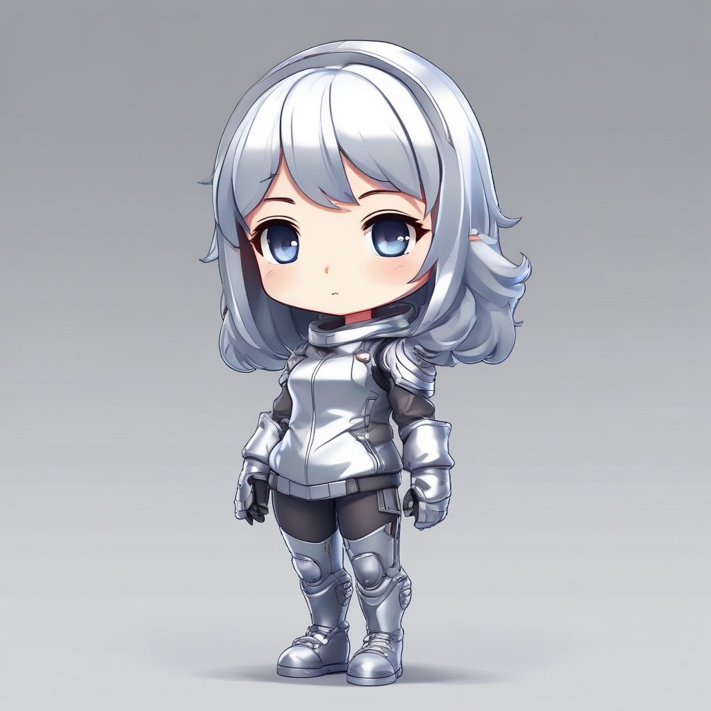 ✨金属光泽Chibi：未来感银色服饰Q版全身像，纯深空灰背景