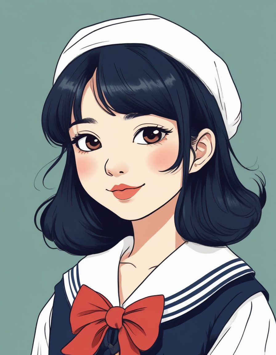 经典水手服线稿插画:日系治愈系少女的柔和边缘肖像