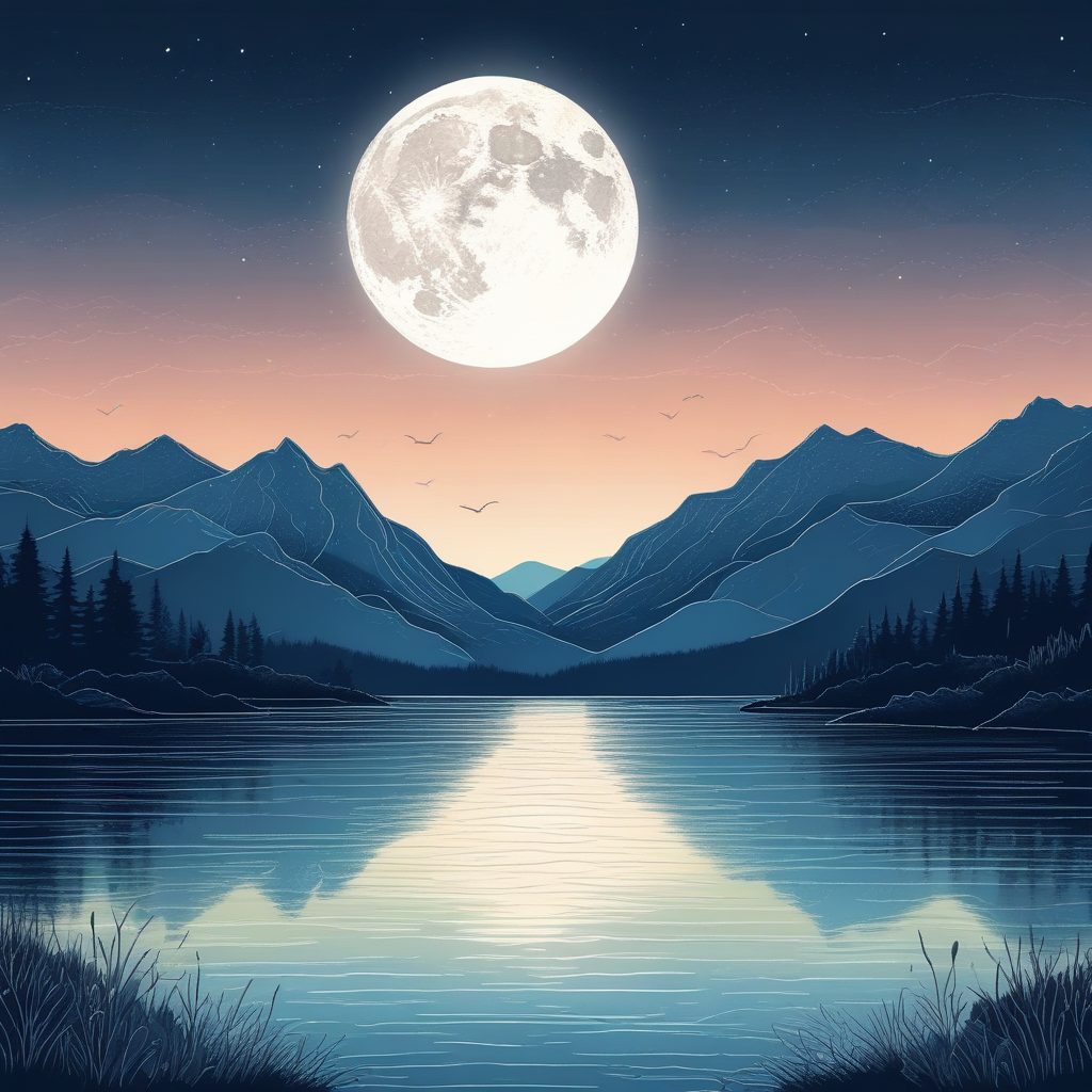 静谧湖畔月夜：极简手绘风景插画，粉彩色调治愈系锁屏