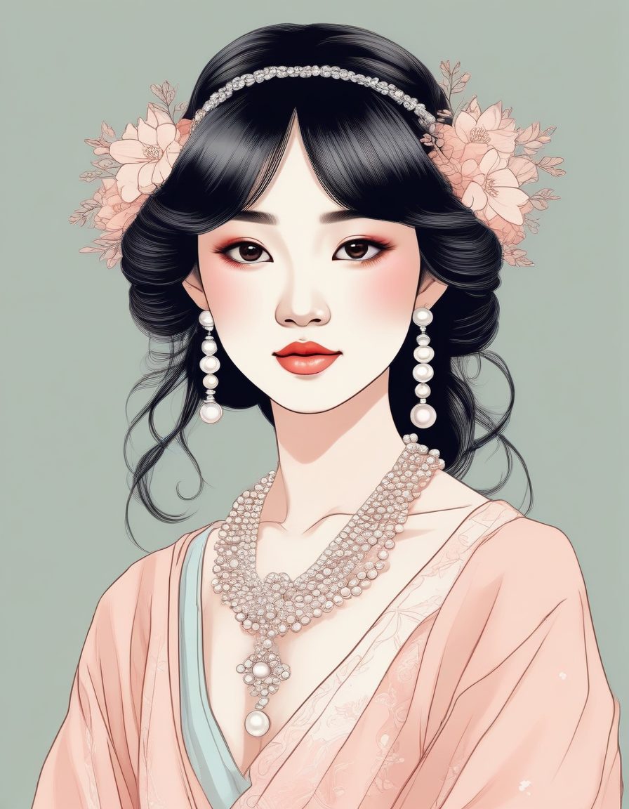 精致珍珠饰品线稿:安静奢华风日系少女的AI手绘肖像