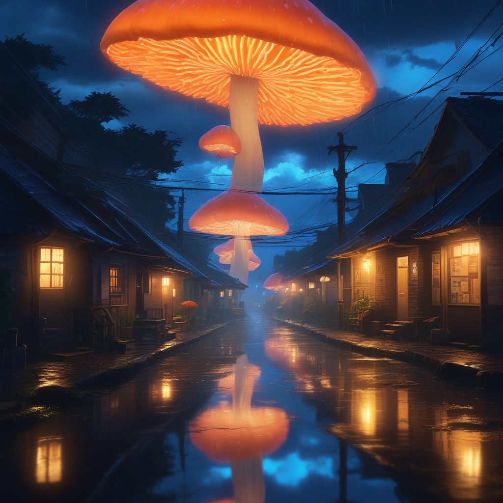 巨大蘑菇屋顶下的雨夜小镇：高饱和度新海诚风格AI图