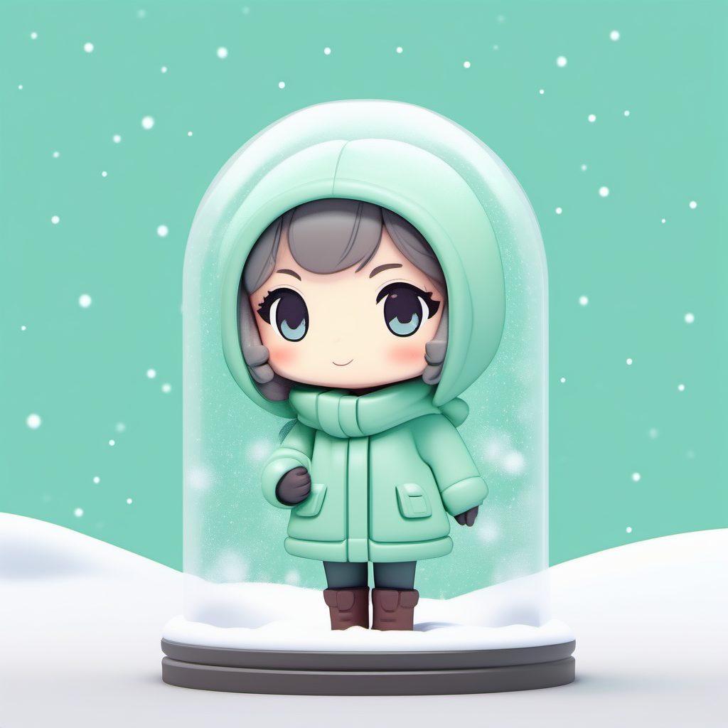 绝美8K！毛茸茸外套Q版冬季女孩与雪花球的极简风格AI提示词