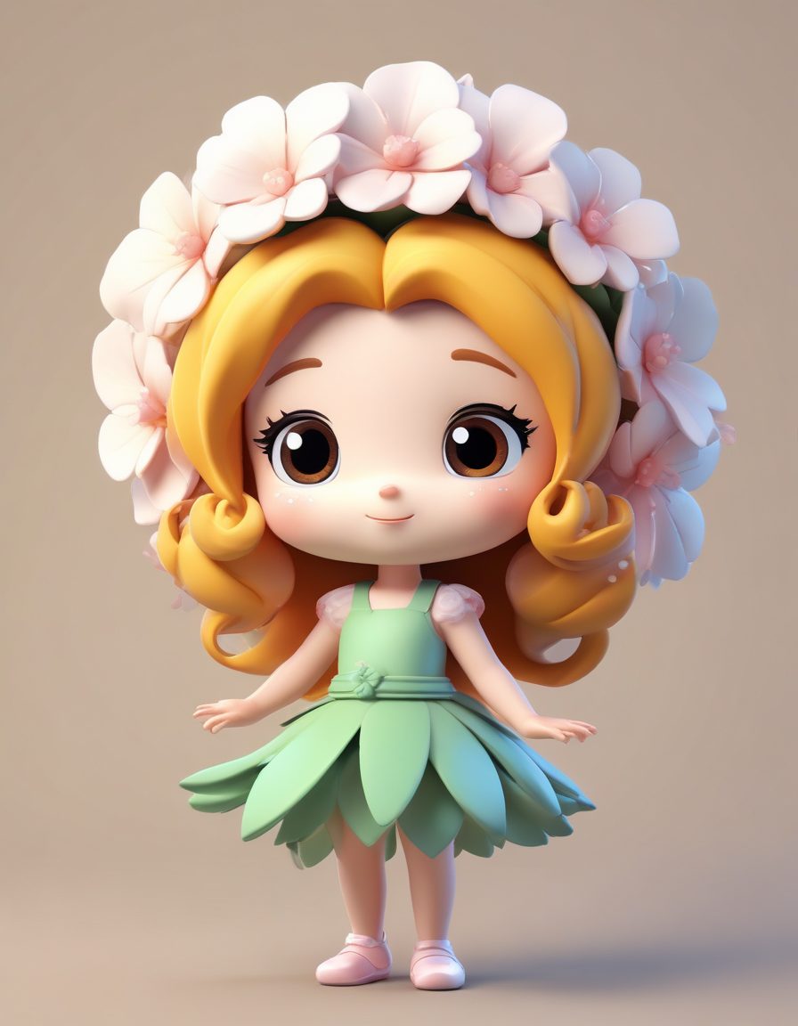 绝美C4D提示词:Q版花仙子,轻盈跳跃,治愈系壁纸背景图