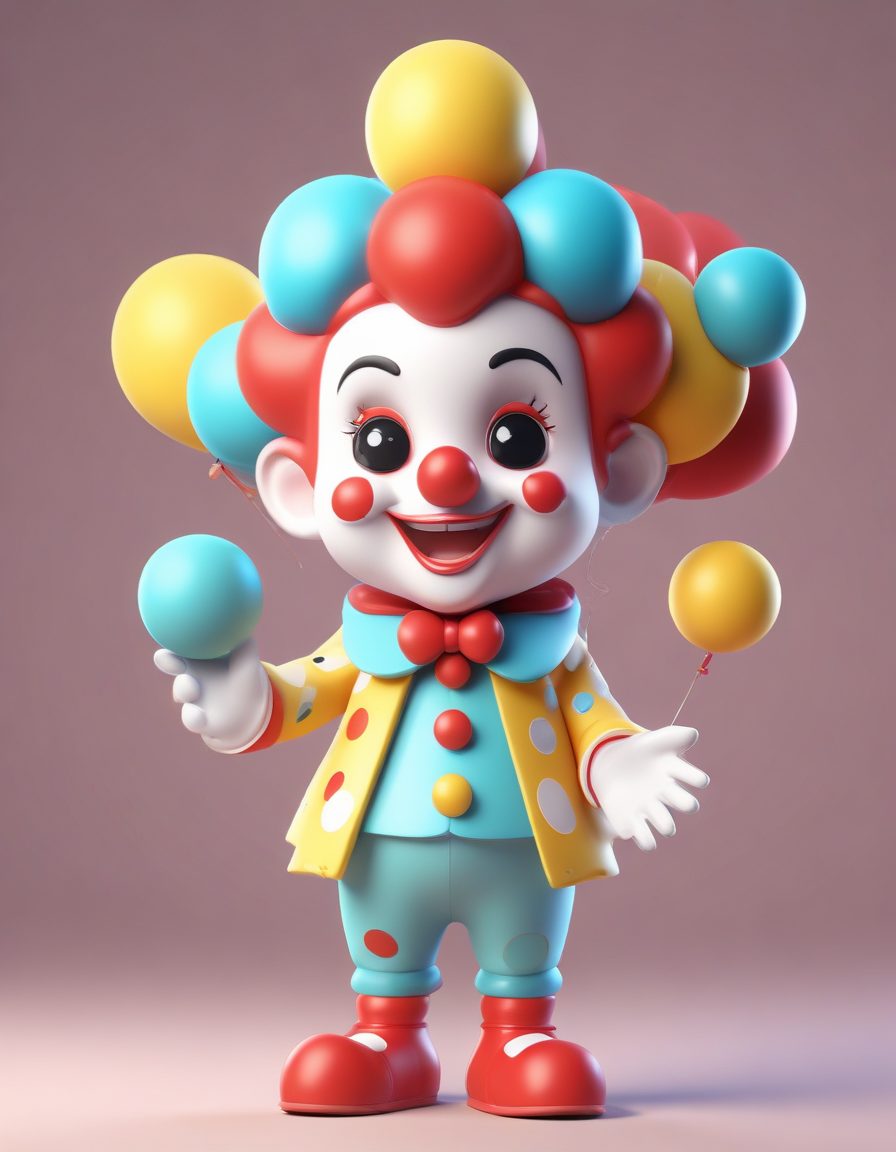 绝美C4D提示词:Q版小丑杂耍,动感十足,盲盒手办收藏必备