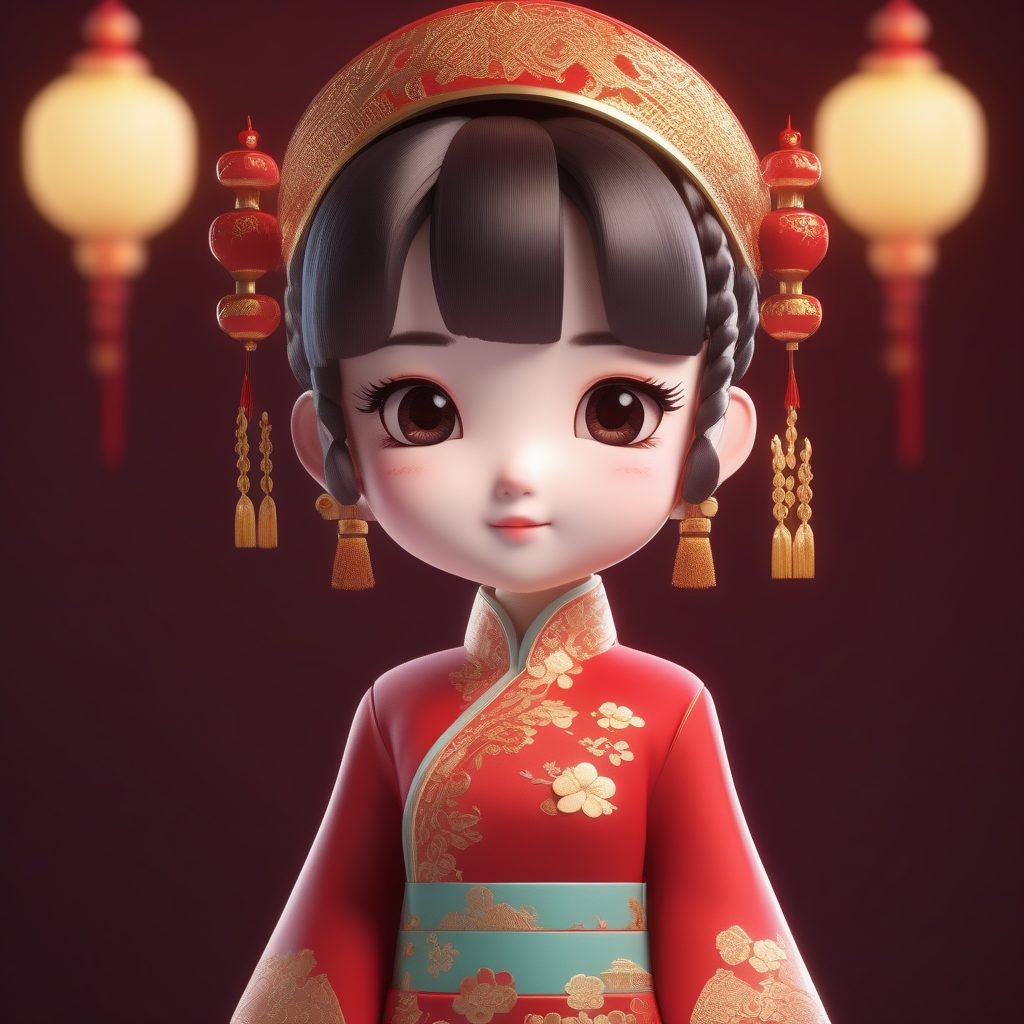 绝美C4D渲染!Q版旗袍少女手办全身照,AI绘图提示词大全