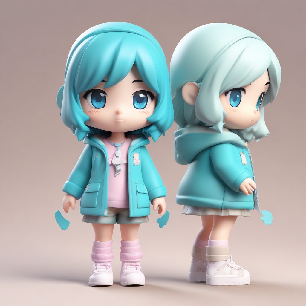 绝美侧颜：一个可爱时尚的动漫 chibi girl，冬日装扮，表情动作丰富，纯色背景，3D粘土雕塑感，C4D出图