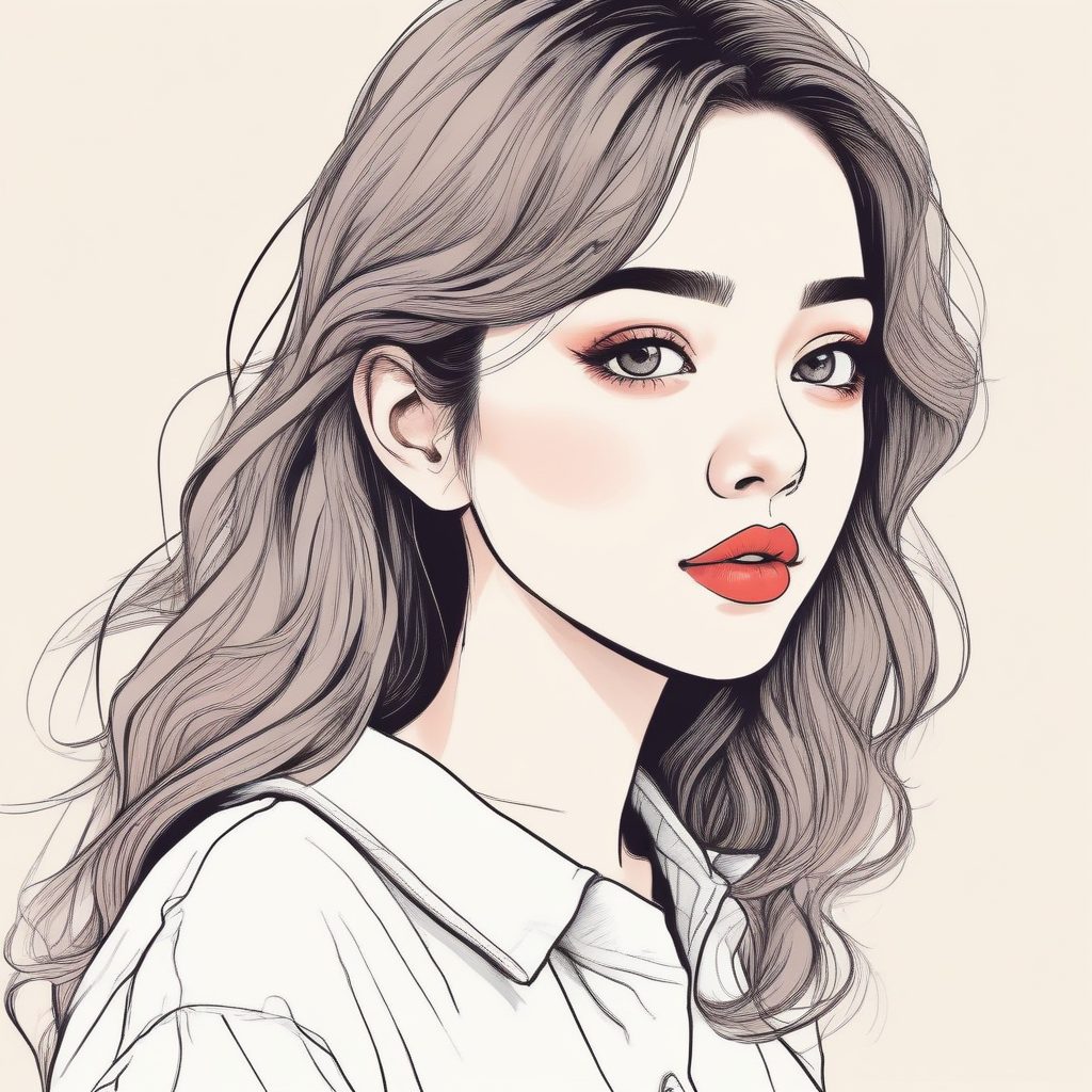 绝美线稿：手绘质感的动漫少女，高光泽嘴唇的时尚宣言