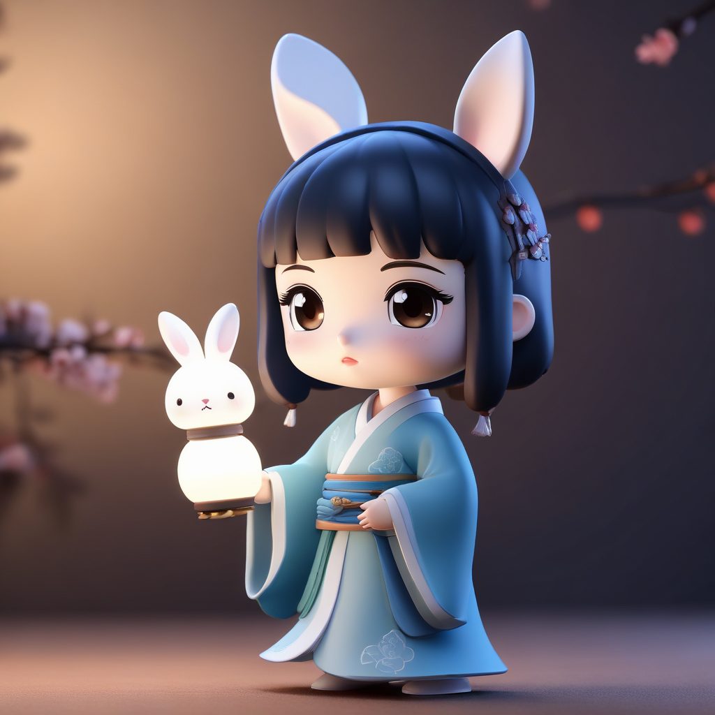 绝美！元宵灯会主题Q版汉服，提兔子灯笼的C4D盲盒手办建模灵感