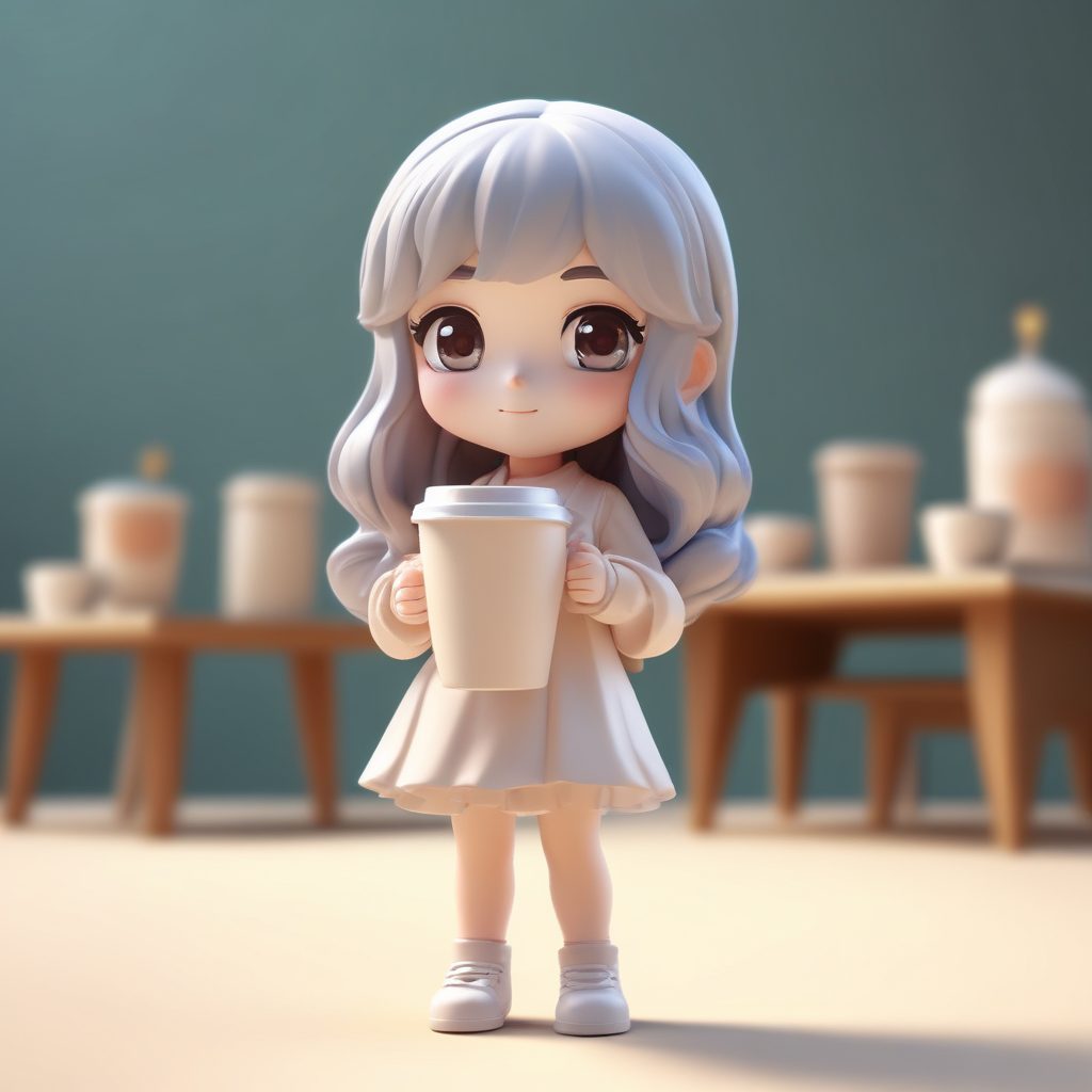 咖啡日常:手持拿铁的都市丽人 Q版AI插画 | 3D粘土风