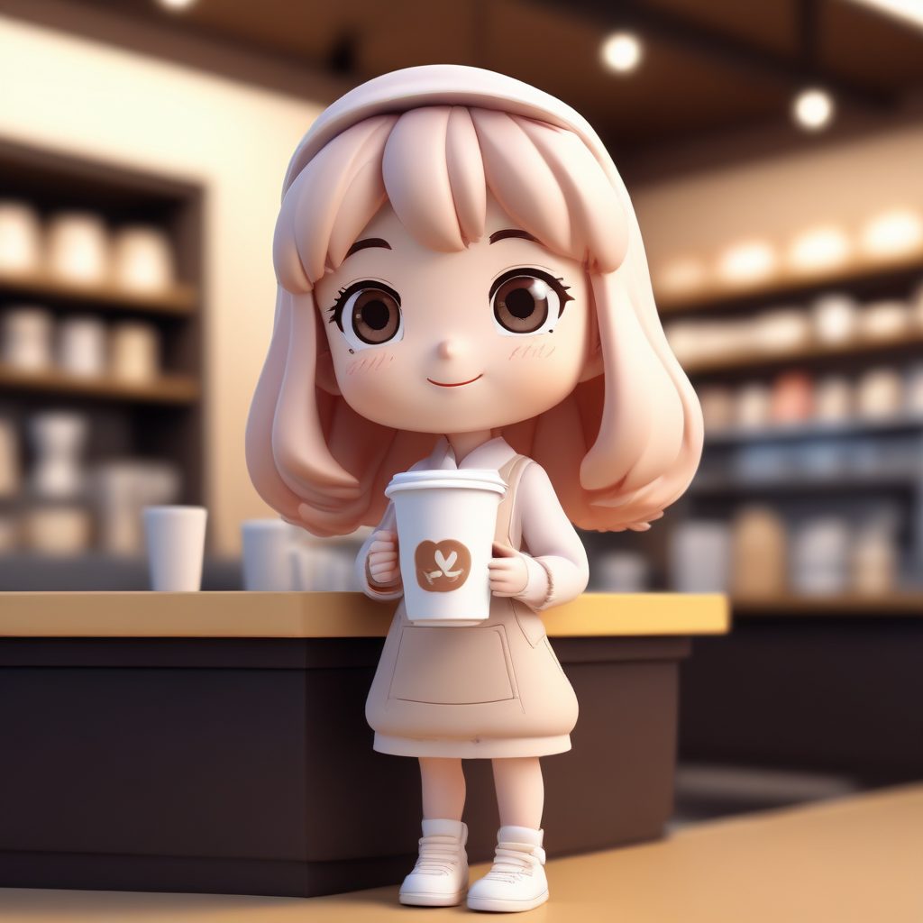 咖啡师Q版盲盒设计: AI生成元气满满的’请慢用’姿势