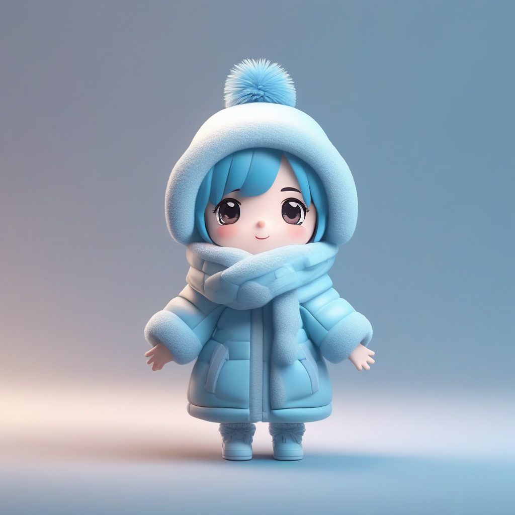 卡哇伊Q版冬季时尚:超大围巾包裹人物动态全身照提示词