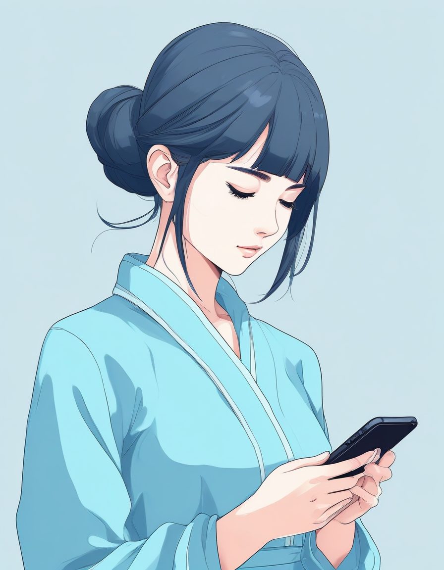 📱看着手机的低头少女!极简日常插画,静谧蓝低饱和,日常头像首选