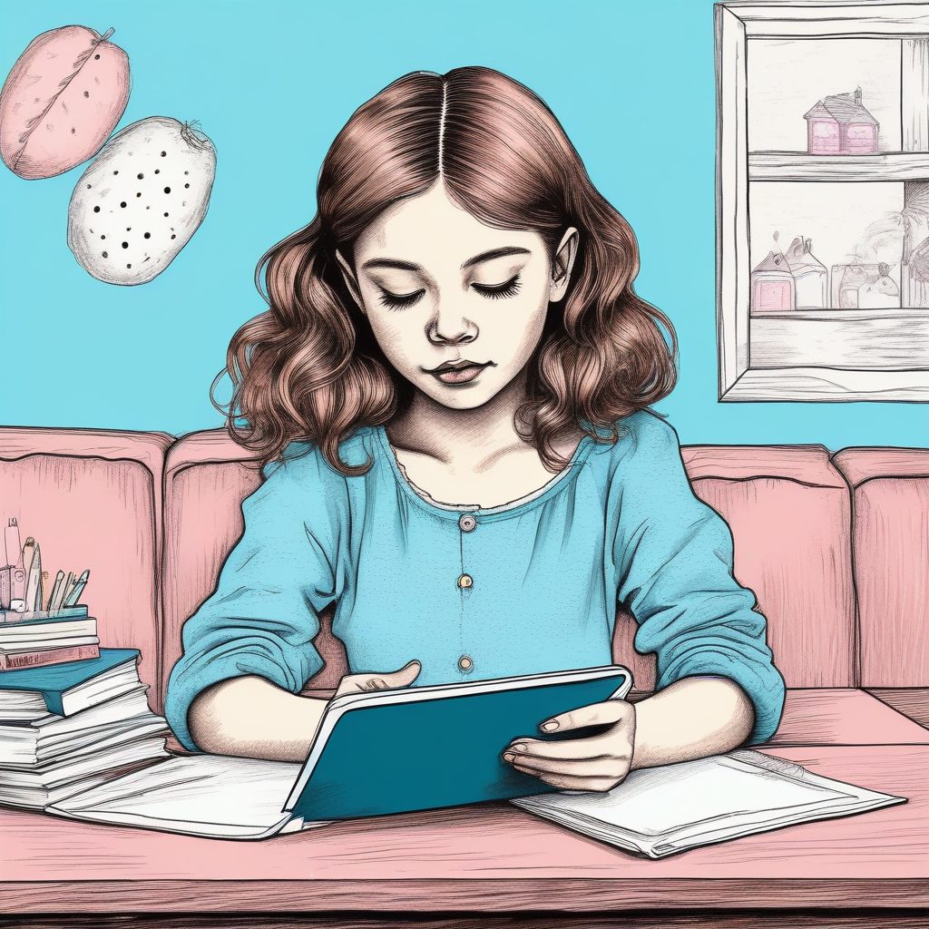 科技与软萌：AI绘画粉蓝系少女与平板电脑的现代插画