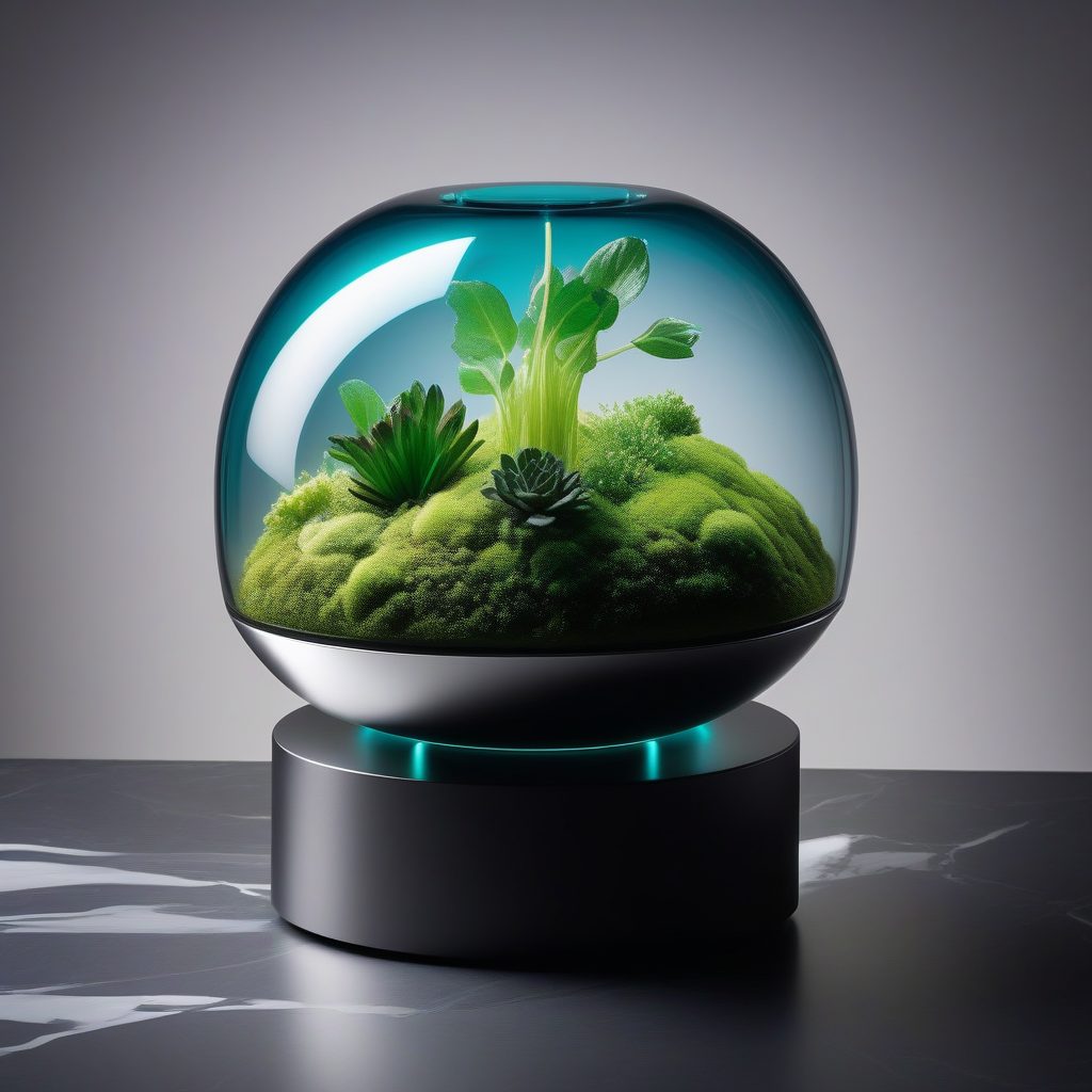 科技与自然融合：极简风格的生物发光植物展示装置提示词