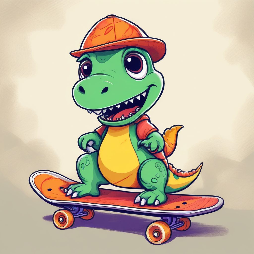 恐龙滑板高手:扁平可爱插画AI提示词(Q版角色)