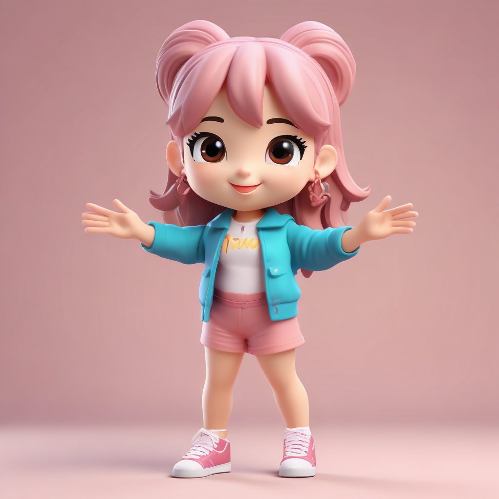 KPOP热舞Q版: 充满活力的蹲姿与V-Sign表情 (动态插画)